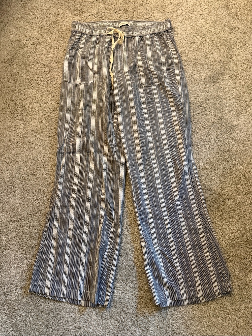 Sincerely Jules Striped Drawstring Wide Leg Linen blend Pants Blue White Sz L M